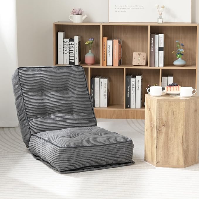 HollyHOME Adjustable Floor Chair with 6 Positions, Folding Lazy Sofa Recliner with Back Support, Thick Sponge Cushion and Portable Handle, Comfy Gaming Meditation Chair for Dorm, Bedroom, Dark Grey
