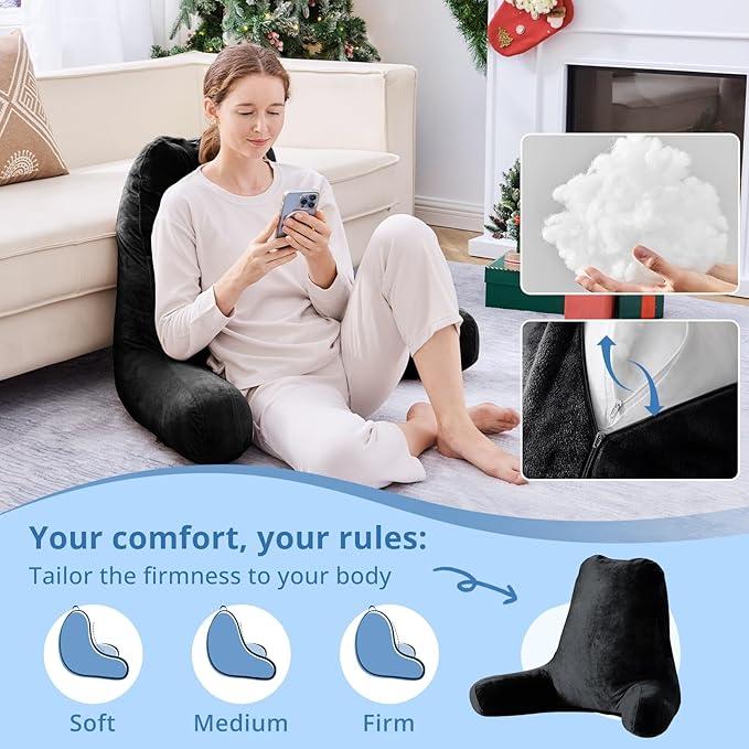 Sasttie 25-inch Reading Pillows for Sitting in Bed Adult, Jumbo Velvet Back Pillow Bed Sitting Up, XL High Back-Rest Support Cushion for Sit Up on Couch & Floor, Oeko-Tex Certified, Black