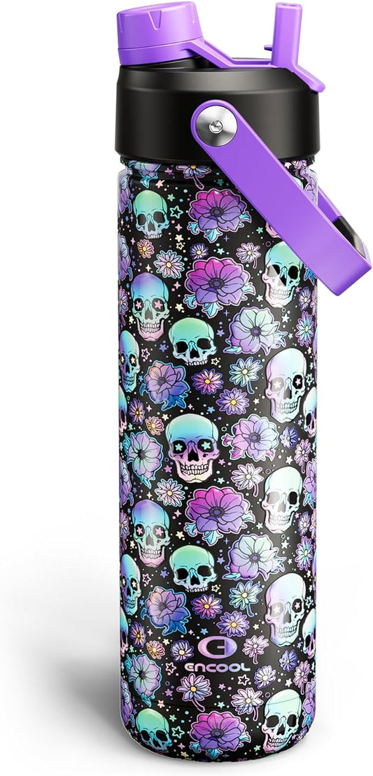 Halloween Insulated Water Bottle with Straw, Stainless Steel Water Bottle, Leak Proof BPA-Free, Keeps Cold for 24 Hours for Sports, Skull Spooky Holiday Gifts (26 oz, Floral Afterlife)