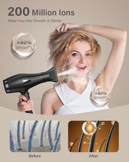 Ionic Hair Dryer with Diffuser, Blow Dryer, Professional 1875W Powerful AC Motor Hairdryer with 8.2Ft Cord for Women & Men, Fast-Drying Blow Dryer with Nozzle for Home, Salon