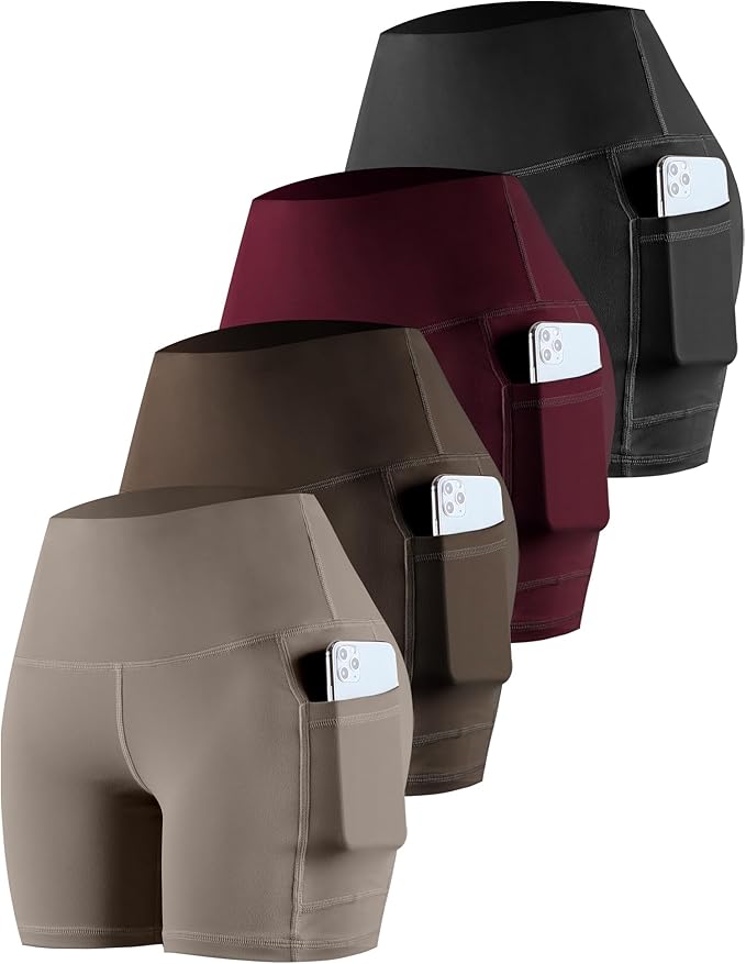 CHRLEISURE Womens Biker Yoga Shorts with Pockets: High Waisted Tummy Control Spandex Workout Athletic Gym Shorts 4 Packs