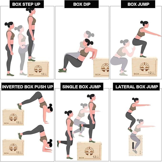 Plyo Box - 3-in-1 Wood Plyometric Jump Platform (20"x16"x12") for Home Gym Training - Ideal for Jumps, Squats & Conditioning-1 Piece