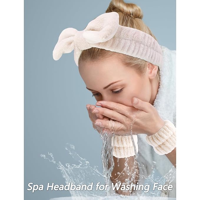VELSCRUN Spa Headbands for Wash Face, Makeup Headband, Facial Skincare Headbands, 5 Pcs Khaki Puffy Sponge Spa Headband Bow Tie Hair Band Hair Clips Wristband Set Women Girls Accessories