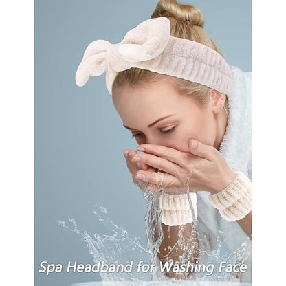VELSCRUN Spa Headbands for Wash Face, Makeup Headband, Facial Skincare Headbands, 5 Pcs Khaki Puffy Sponge Spa Headband Bow Tie Hair Band Hair Clips Wristband Set Women Girls Accessories