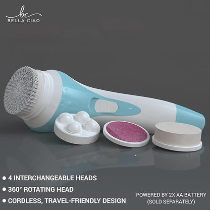 Bella Ciao 5-Piece Sonic Facial Cleansing Brush Set, Blue | Battery Operated Face Scrubber Exfoliator, Makeup Remover Skin Care Tools w/ 4 Attachments| Face Cleansing Brush, Skin Exfoliator for Body