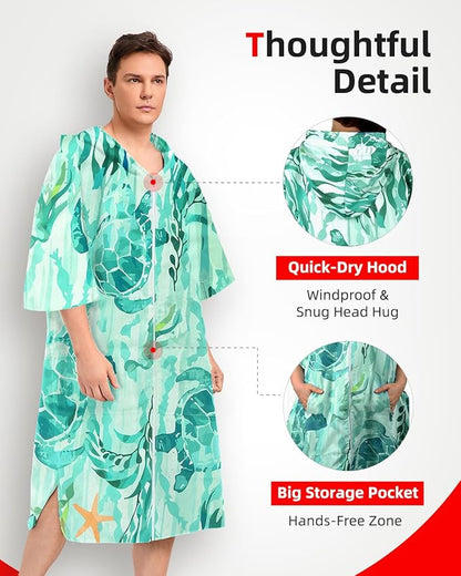 Abahub Surf Poncho Men & Women Towel Poncho Adult with Hood, Thick Quick Dry Changing Poncho Towel, Microfiber Wearable Cover Up for Surfing Beach Swim - Absorbent Changing Towel L (Green Turtle)