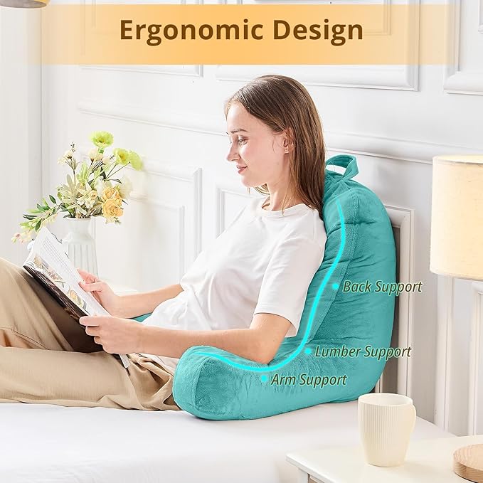 Sasttie Reading Pillow, Velvet Back Pillow for Bed Sitting Up, Adult Back-Rest Support Cushion with Arms for Sit Up on Couch, Sofa, and Floor, Dorm Essentials, Reading Accessories, Teal Cyan