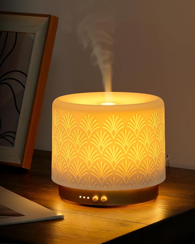 Ceramic Essential Oil Diffuser 280ml- Aromatherapy Diffuser with Ultrasonic Cool Mist Humidifier, Night Light, Timer, Auto Shut-Off, Large Room Aroma Diffuser for Home, Bedroom, Office, Yoga