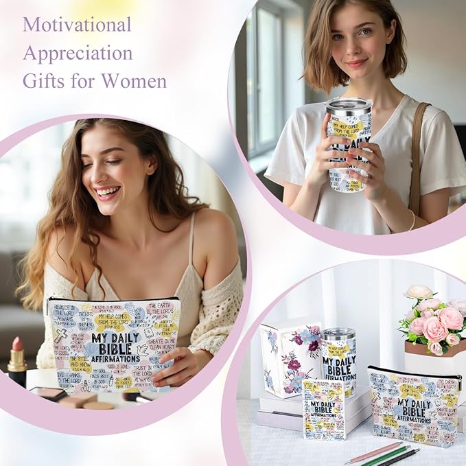 Daily Affirmations for Women Bible Verse Makeup Bag Inspirational Christian Gifts for Women Sister Coworker Mental Health Birthday Christmas, 20oz Tumbler Makeup Bag Ballpoint Pen Notebook 6PCS