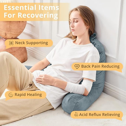 Sasttie Reading Pillow, Velvet Back Pillow for Bed Sitting Up, Adult Back-Rest Support Cushion with Arms for Sit Up on Couch, Sofa, and Floor, Dorm Essentials, Reading Accessories, Bluish Grey