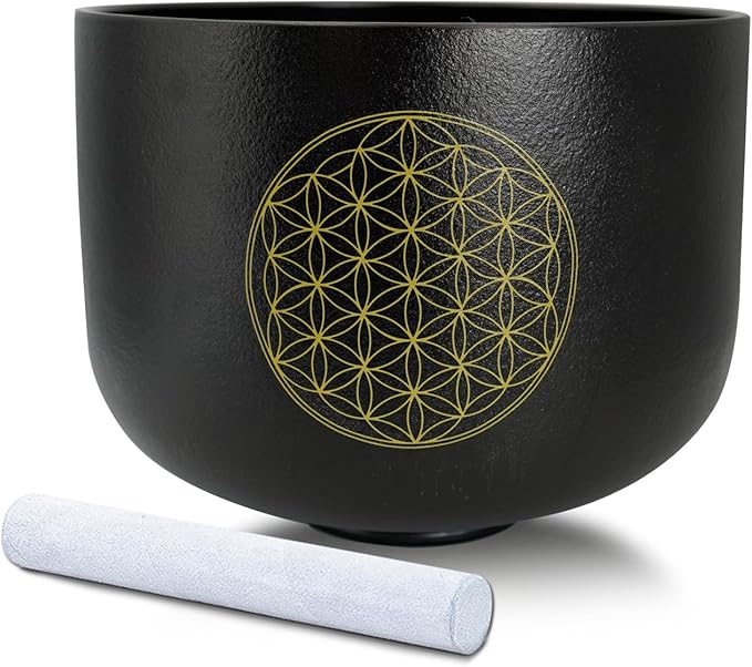 12" C Note Life of Flower Black Crystal Singing Bowl Base Root Chakra Quartz Singing Bowl Meditation Sound Healing with Suede Striker O-ring