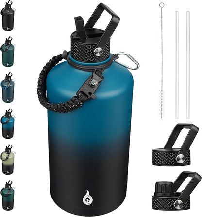 BJPKPK 1 Gallon Water Bottle with Straw Lid, 50oz, 64oz, 87oz, 128oz Large, Stainless Steel Water Bottles with 3 Lids and Paracord Handle, Double Wall Vacuum Metal Water Jug, Blue & Black