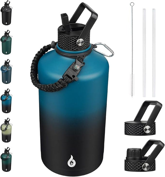 BJPKPK 1 Gallon Water Bottle with Straw Lid, 50oz, 64oz, 87oz, 128oz Large, Stainless Steel Water Bottles with 3 Lids and Paracord Handle, Double Wall Vacuum Metal Water Jug, Blue & Black