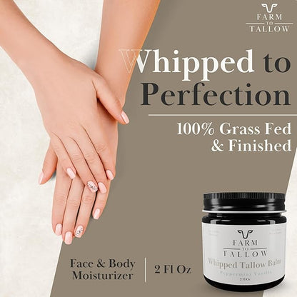 FARM TO TALLOW 100% Grass-Fed Beef Tallow for Skin, Face & Body – Peppermint Vanilla Moisturizer Made with Olive Oil – Gentle & Hydrating Natural Skincare Cream for Dry, Sensitive Skin – 2 Oz