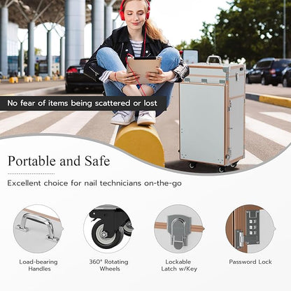 Icoget Portable Rolling Manicure Table for Nail Teach, Foldable Traveling Nail Desk w/Storage, Mobile Nail Table w/Audio and Mirror, Makeup Train Case Cosmetic Trolley, White