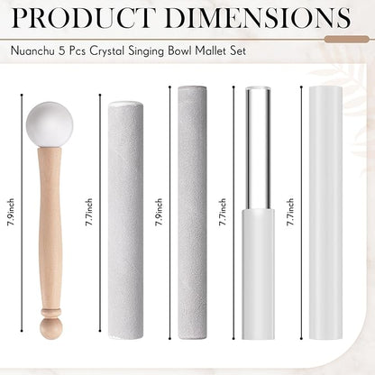 Nuanchu 5 Pcs Crystal Singing Bowl Mallet Set Includes Sheepskin Solid and Hollow Sound Sticks Singing Bowl Rubber Mallet with Wood Handle Clear Acrylic Striker for Playing(Silver)