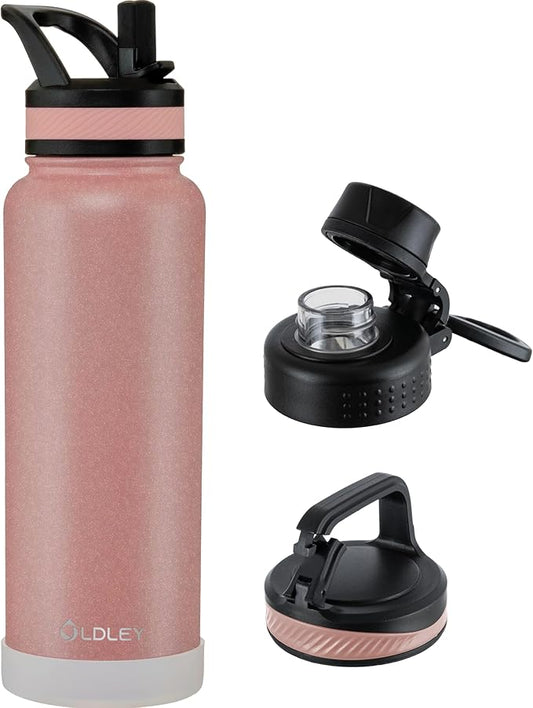 OLDLEY 40 oz Insulated Water Bottle With Straw, Stainless Steel Sports Water Cup Flask with 3 Lids(Straw, Spout and Handle Lid) Double Walled Travel Thermal Canteen Mug,Rose Gold