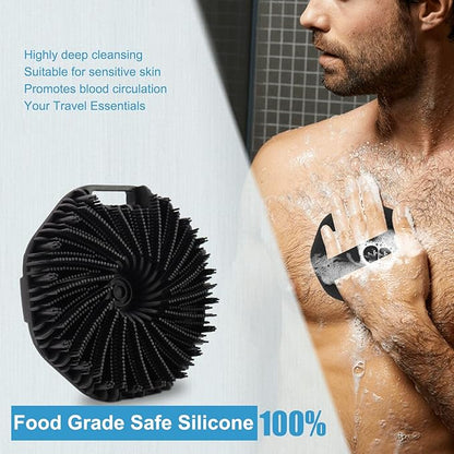 Silicone Body Scrubber, Body Wash Scrubber, Shower Scrubber for Body, Non-Slip Handle for Easy Cleaning, Travel Friendly (Black)