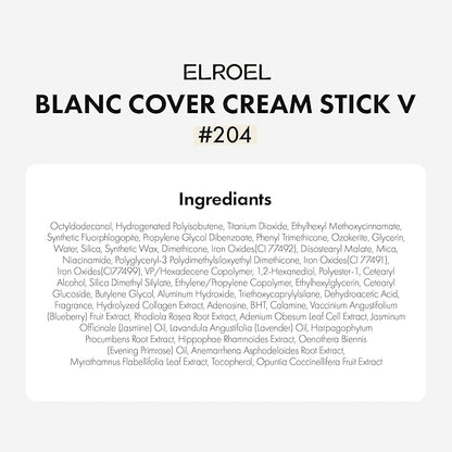 Blanc Cover Cream Stick V White - Korean Color-Changing Foundation Stick with Volufiline - Medium to Full Coverage Dewy Finish Base Makeup - Dual-Ended with Detachable Brush (204 Tan)