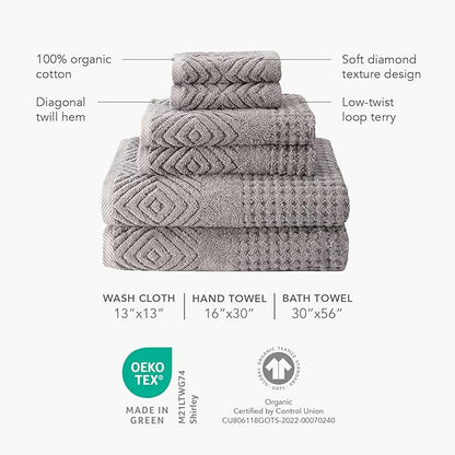 Texere 100% Organic Cotton Diamond Jacquard 700 GSM Luxury Bath Towel Sets - Ultra Soft and Absorbent Hotel and Spa Quality (Diamond, Bright White, 2 Bath & 2 Hand Towels)