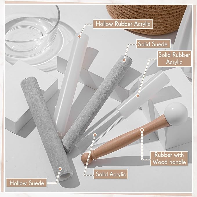 Nuanchu 5 Pcs Crystal Singing Bowl Mallet Set Includes Sheepskin Solid and Hollow Sound Sticks Singing Bowl Rubber Mallet with Wood Handle Clear Acrylic Striker for Playing(Silver)