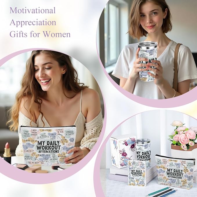 Daily Affirmations for Women Workout Encouragement Mental Health Inspirational Gifts for Women Coworker Boss Birthday Friendship Christmas, Office 6PCS 20oz Tumbler Makeup Bag Ballpoint Pen Notebook