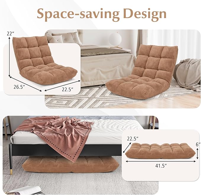RELAX4LIFE Floor Chair with Back Support - 14-Position Adjustable Lazy Sofa Chair, Padded Sleeper Bed & Couch Recliner for Reading Meditation, Folding Floor Gaming Chair for Adults (Tan)
