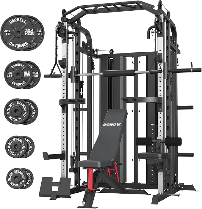 DONOW Smith Machine with Weight Stacks Power Cage Squat Rack Dual Cable Crossover Machine Home Gym Systems Station LAT Pull Down