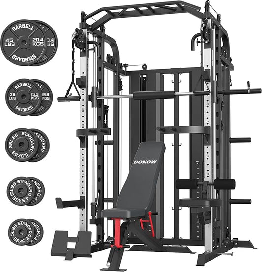 DONOW Smith Machine with Weight Stacks Power Cage Squat Rack Dual Cable Crossover Machine Home Gym Systems Station LAT Pull Down