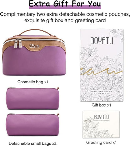 BOYATU Travel Makeup Bag Organizer Cosmetic Bag: 3 Pcs Set Make up Bags for Women with Handle - Waterproof Vegan Leather Toiletry Bags Travel Essentials Pouch with Compartments (G-07-Purple)