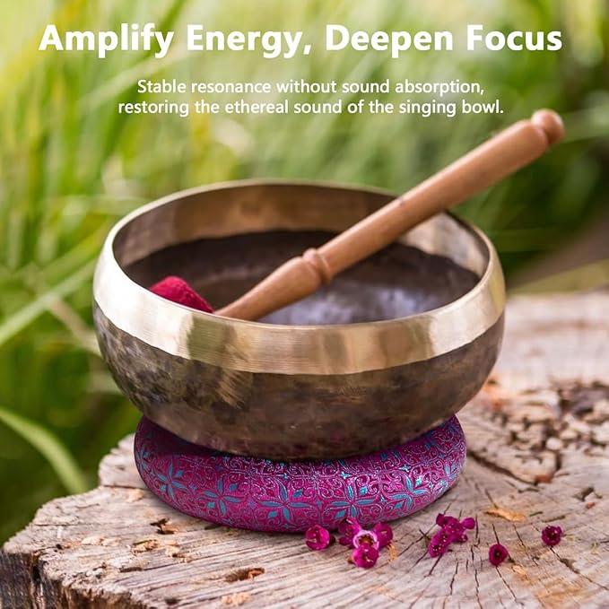Singing Bowl Cushion for Tibetan Singing Bowls, Handmade Silk Brocade Round Cushion Pillow for Sound Healing and Crystal Sound Bowls Accessories(DeepMagenta,6.7 Inch)