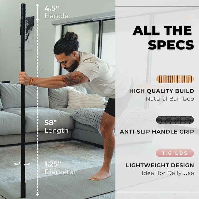 Yoga Stick Made from Natural Bamboo - 5ft Stretching Stick for All Fitness Levels - Stretch Stick with Non-Slip Handles for Mobility, Balance & Physical Therapy - Access 20+ Online Video & PDF Guides