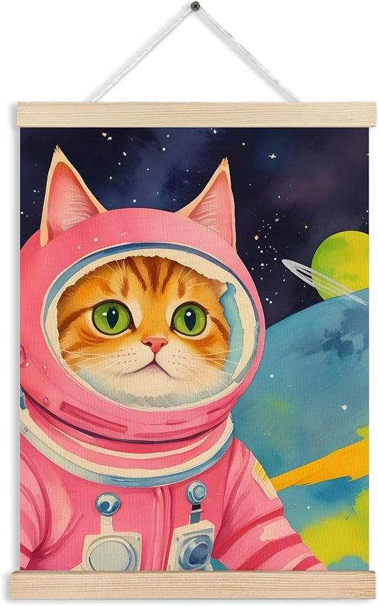 Pink Astronaut Cat Wall Art Poster Framed, Cat Poster for Girls Kids Room Nursery Decor, Whimsical Outer Space Cute Kitten Canvas Wall Art Prints, 12x16 Inches
