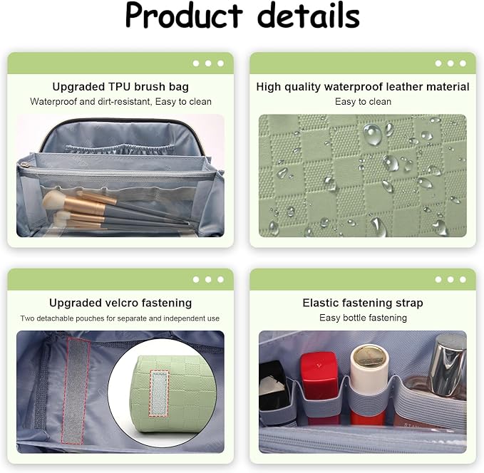 BOYATU Travel Makeup Bag Organizer Cosmetic Bag: 3 Pcs Set Make up Bags for Women with Handle - Waterproof Vegan Leather Toiletry Bags Travel Essentials Pouch with Compartments (C-06-Green)