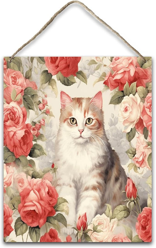 Cat Gift for Cat Lover Cat Mom Kitten Owner Pet Mom Hanging Plaque With Rope Home Wall Decor Wood Sign, Cat Floral Home Door Decor Wood Hang Sign for Pet Shop Kitchen Study Dining Room Bedroom -30