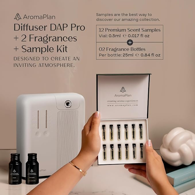 AromaPlan 2025 Waterless, Cold Air HVAC Scent Diffuser Whole House & Commercial Diffuser (Includes 2 Fragrances + 12 Set Sample kit) - Smart Scent Diffuser- Touch & App, 2000 Sq. Ft Cov. (White)