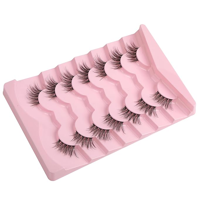 Half Lashes Cat Eyelashes 14mm False Eyelashes Natural Cat Eye Lashes Wispy Eyelashes with Thin Band 3D Volume False Lashes C Curl Soft Strip Lashes Pack 7 Pair EVENTILL