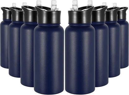 32 oz Insulated Water Bottle Bulk 8 Pack, Stainless Steel Sports Water Bottles with Straw Lid & Wide Mouth Lids, Double Walled Vacuum, Leak Proof, Blue