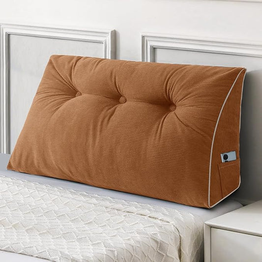 Sasttie Headboard Pillow Twin/Twin XL, Wedge Pillow Headboard for Dorm, Triangular Daybed Backrest Cushion for Sitting or Reading in Bed, with Removable Washable Cover, Caramel