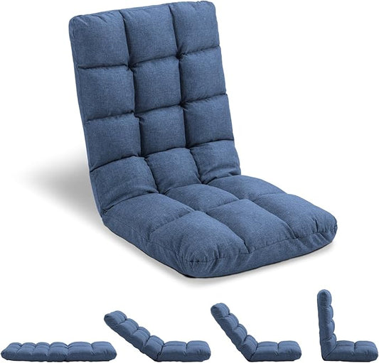 Folding Floor Chair with Back Support, 14 Adjustable Positions, Breathable Padded Sleeper Bed, Couch Recliner, Gaming Sofa Chair for Adults & Kids, Perfect for Meditating, Reading, Living Room (Blue