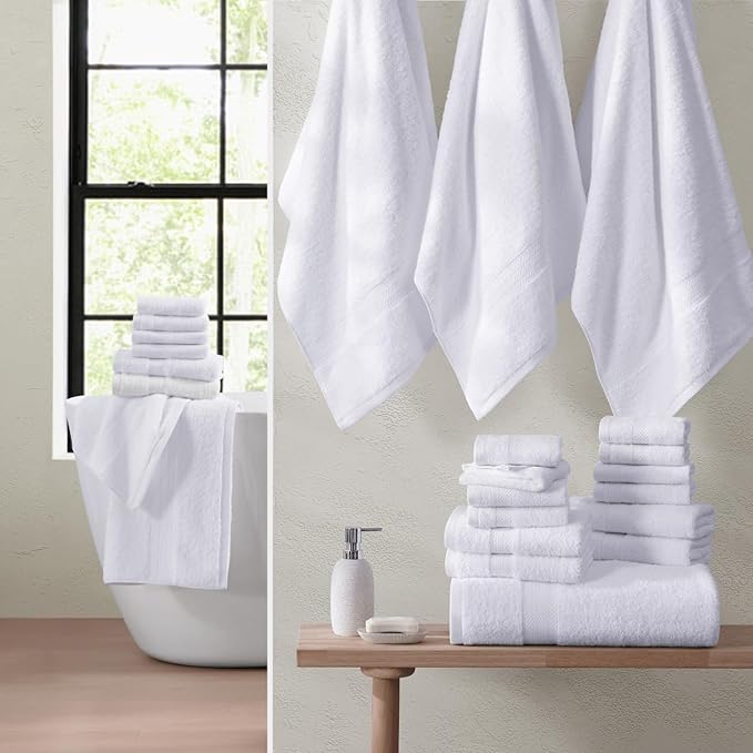 LANE LINEN 100% Luxury Cotton Bathroom Towel Set - 24 Pcs - Fluffy, Super Soft & Absorbent - 2 Bath Sheets, 4 Bath Towels, 6 Hand Towels, 8 Washcloths, 4 Fingertip- Hotel Quality Towel Set - White