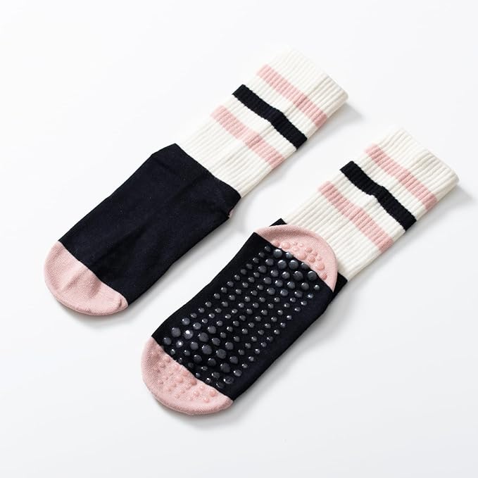 Yoga Pilates Socks with Grips for Women Non Slip Striped Cushioned Crew Socks for Barre Ballet Dance