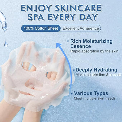 14 Pack Sheet Face Masks Skincare, Hydrating Face Masks Suitable for Dry Skin, Bulk Facial Mask Set for Women Skin Care, Face Mask Gifts Set for Face Spa