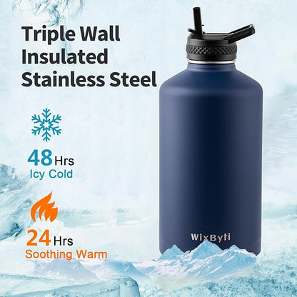 One Gallon Water Bottle Insulated, Triple Wall Vacuum Cold for 48 Hrs & Leak-proof & Non-BPA, 128oz Large Sports Stainless Steel Water Jug with Paracord Handle Straw Spout Lids & DIY Stickers