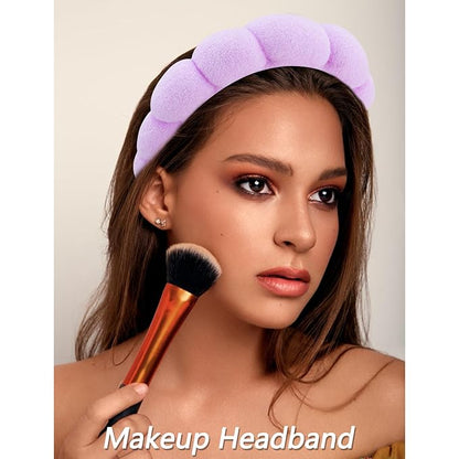 VELSCRUN Spa Headbands for Wash Face, Makeup Headband, Facial Skincare Headbands, 5 Pcs Purple Puffy Sponge Spa Headband Bow Tie Hair Band Hair Clips Wristband Set Women Girls Accessories