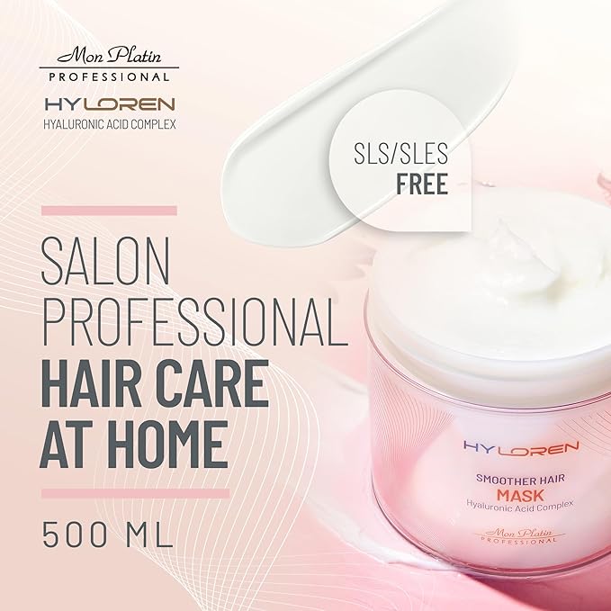 Mon Platin Professional Hair Mask for Damaged Hair & Straightened, 500ml - HYLoren Smoother with Hyaluronic Acid, Deep Conditioning Treatment, Anti-Frizz Conditioner