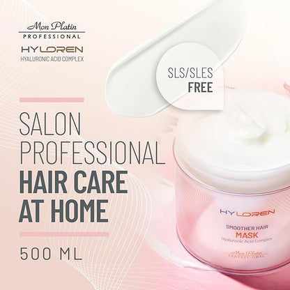 Mon Platin Professional Hair Mask for Damaged Hair & Straightened, 500ml - HYLoren Smoother with Hyaluronic Acid, Deep Conditioning Treatment, Anti-Frizz Conditioner