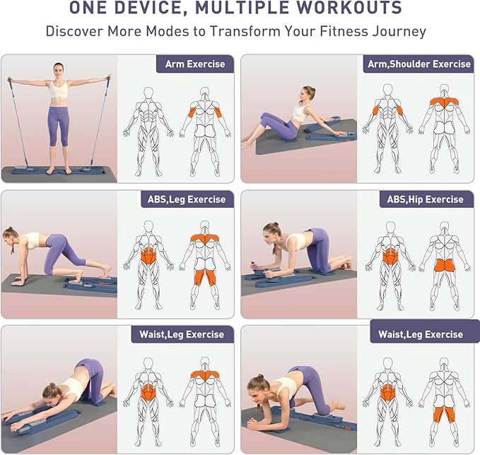 2025 Upgrated Pilates Board, Portable Pilates Reformer with Two Groups Resistance Band and Counter, Multi-Function Abdominal Pilates Board for Home, Suitable for Full-Body Workouts