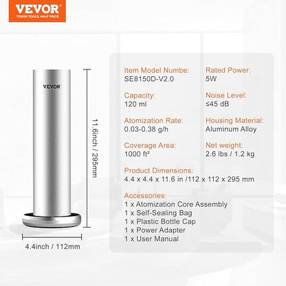 VEVOR Scent Machine for Home, 120ml Bluetooth Smart Essential Oil Diffuser With Cold Air Tech, Waterless Scent Diffuser for Spa, Yoga, Office, Hotel, Cover Up to 1000 sq.ft