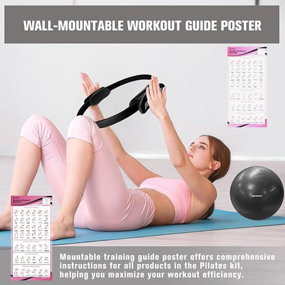 RitFit Pilates Kit - 14 Inch Pilates Ring Magic Circle with Pilates Ball, Resistance Bands & Yoga Strap, Pilates Equipment for Home Workout Toning Thighs, Arms and Core (Black/Pink)